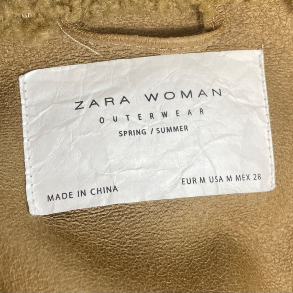 Zara Women's Tan Jacket With Zipper Zippered Pockets & Snap Collar Warm Size M
