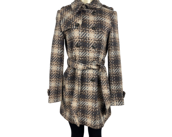 Dkny Women's Gray and Beige Plaid Double Breasted Peacoat Jacket Size 8