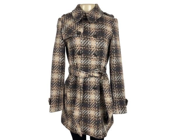 Dkny Women's Gray and Beige Plaid Double Breasted Peacoat Jacket Size 8