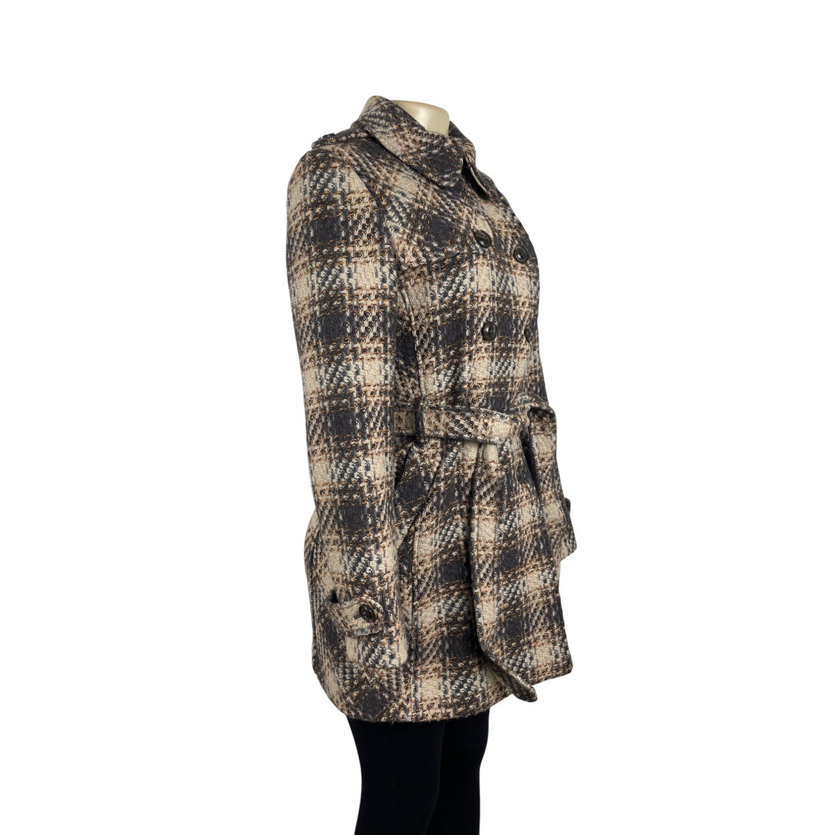 Dkny Women's Gray and Beige Plaid Double Breasted Peacoat Jacket Size 8