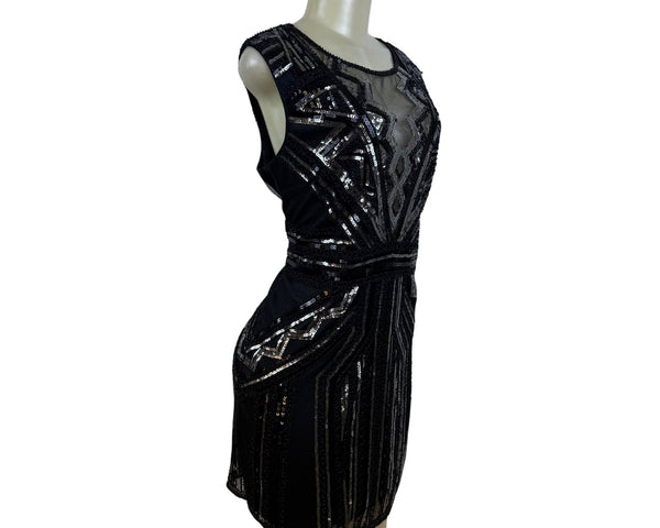 Black Sequin Mesh Sleeveless Mini Dress W Geometric Pattern Cocktail Party Sz XL