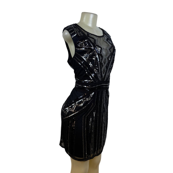 Black Sequin Mesh Sleeveless Mini Dress W Geometric Pattern Cocktail Party Sz XL