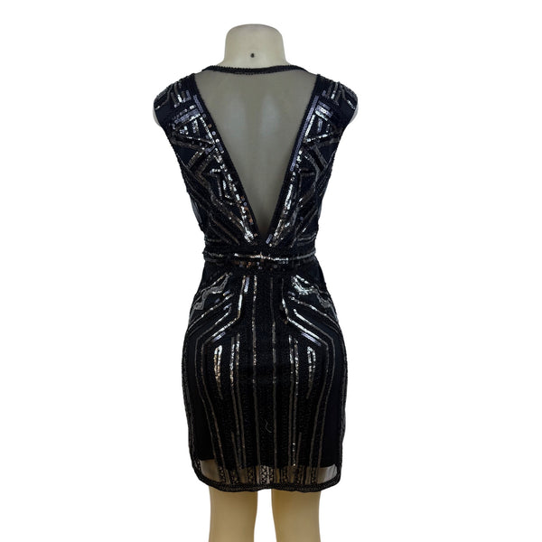 Black Sequin Mesh Sleeveless Mini Dress W Geometric Pattern Cocktail Party Sz XL