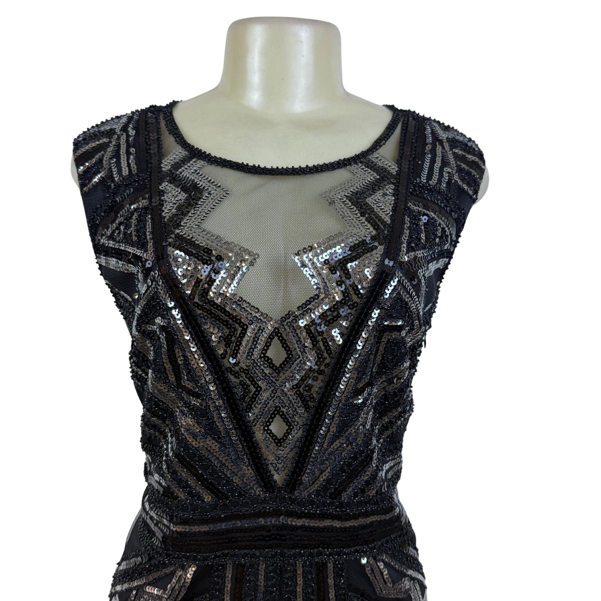 Black Sequin Mesh Sleeveless Mini Dress W Geometric Pattern Cocktail Party Sz XL