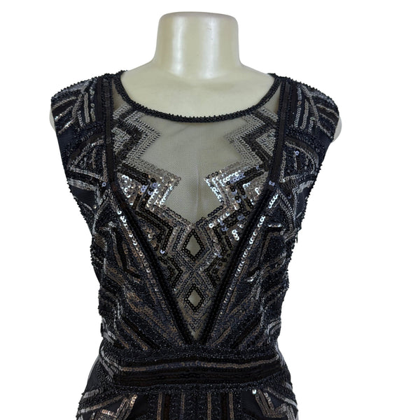 Black Sequin Mesh Sleeveless Mini Dress W Geometric Pattern Cocktail Party Sz XL