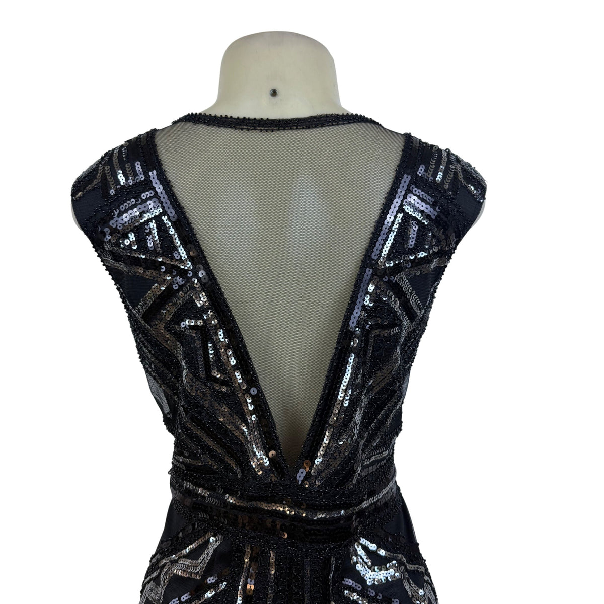 Black Sequin Mesh Sleeveless Mini Dress W Geometric Pattern Cocktail Party Sz XL