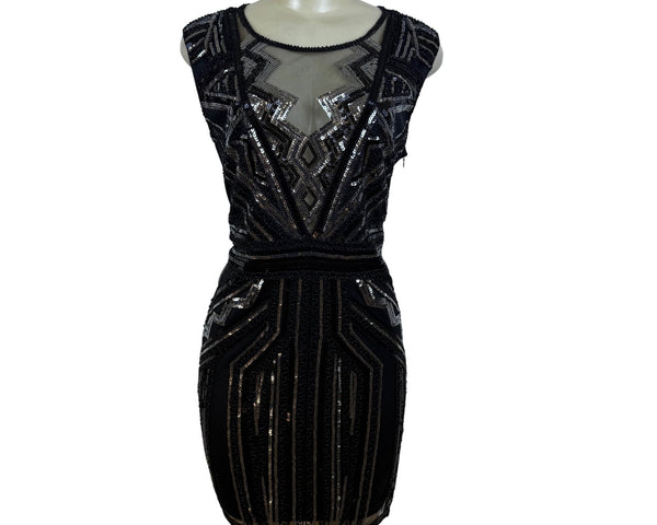 Black Sequin Mesh Sleeveless Mini Dress W Geometric Pattern Cocktail Party Sz XL