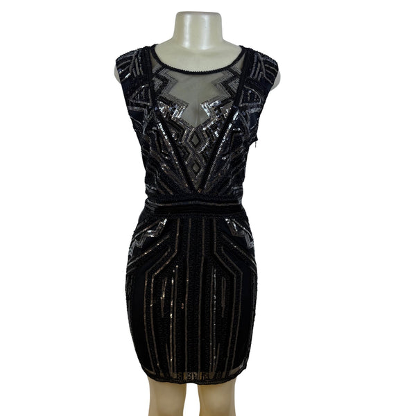 Black Sequin Mesh Sleeveless Mini Dress W Geometric Pattern Cocktail Party Sz XL