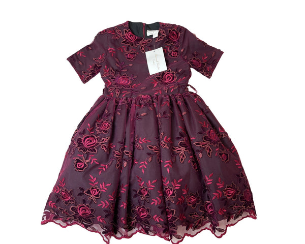 Mademoiselle Charlotte Girls Burgundy Floral Embroidered Dress Size 7- New
