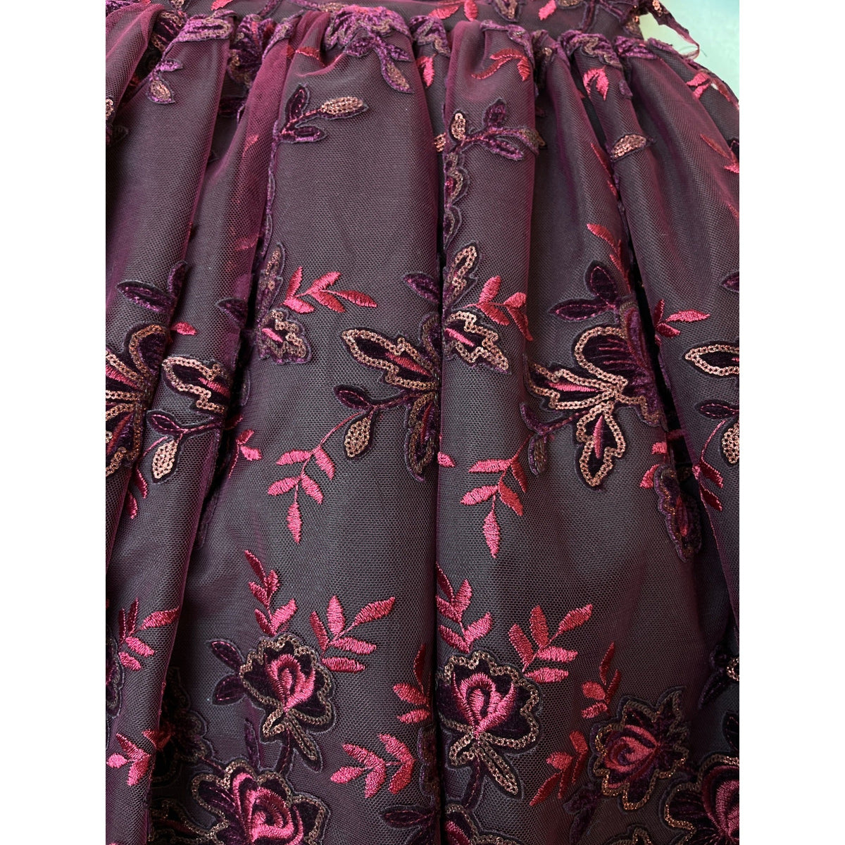 Mademoiselle Charlotte Girls Burgundy Floral Embroidered Dress Size 7- New