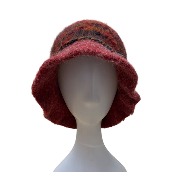 Vintage 40s 50s Handmade Red Wool Bucket Hat Multicolor Band - Button & Tassel
