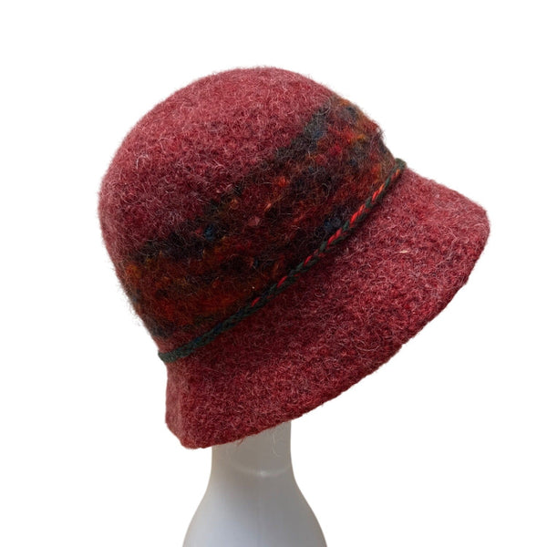 Vintage 40s 50s Handmade Red Wool Bucket Hat Multicolor Band - Button & Tassel