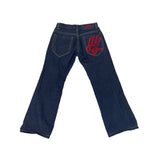 Miskeen Dark Wash Denim Jeans W/ Red Handprint Logo Flared Legs Sz 30R