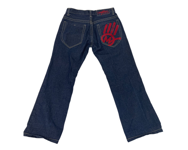 Miskeen Dark Wash Denim Jeans W/ Red Handprint Logo Flared Legs Sz 30R