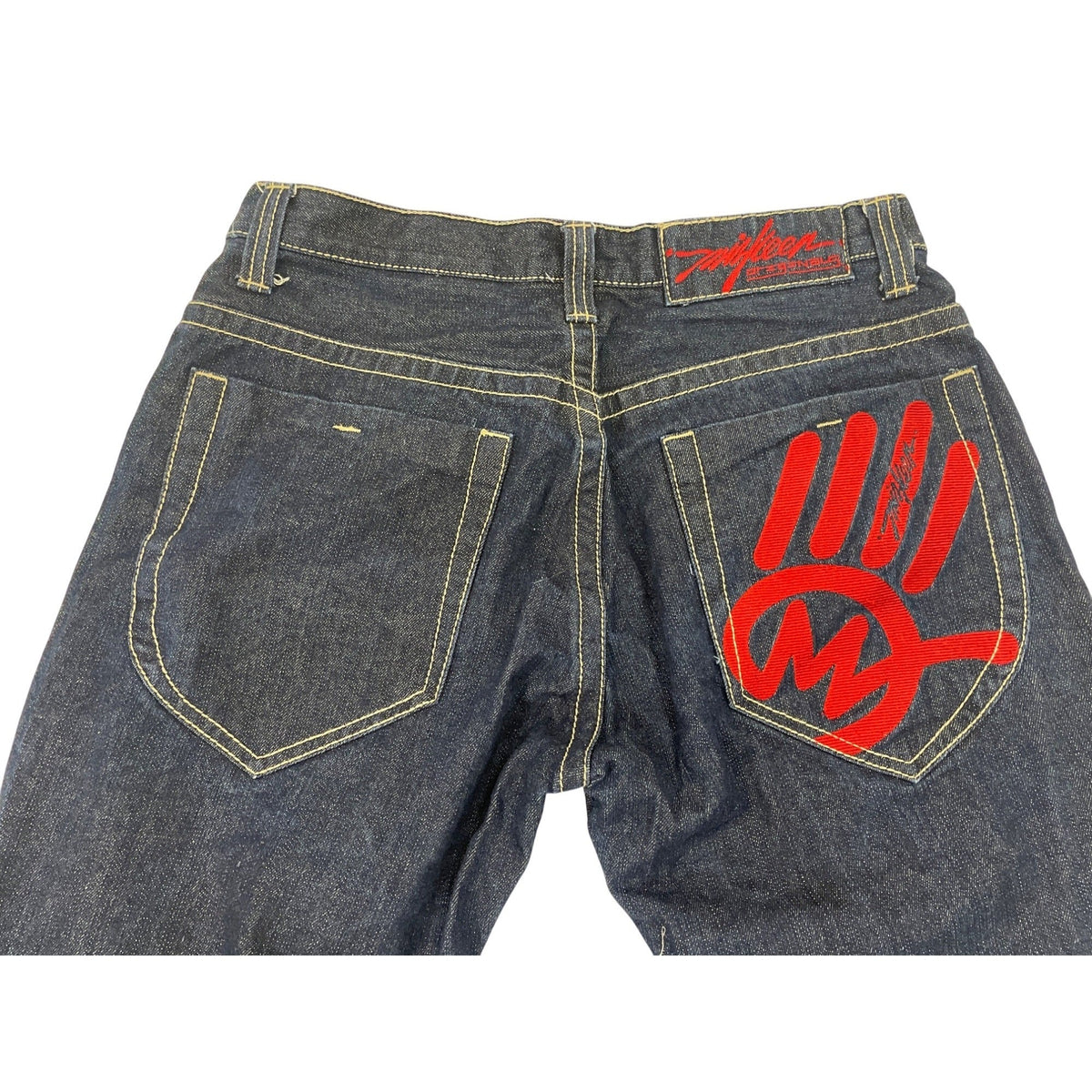 Miskeen Dark Wash Denim Jeans W/ Red Handprint Logo Flared Legs Sz 30R