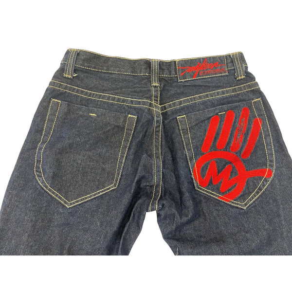 Miskeen Dark Wash Denim Jeans W/ Red Handprint Logo Flared Legs Sz 30R