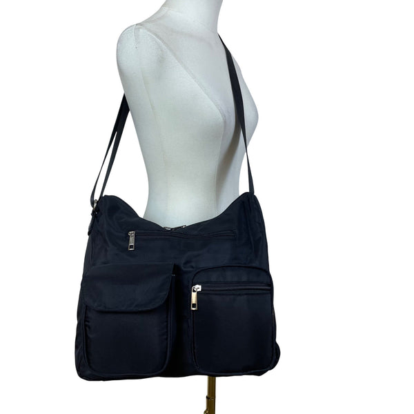 Suvelle Women’s Black Nylon Multi-Pocket Adjustable Strap Crossbody Bag Size M