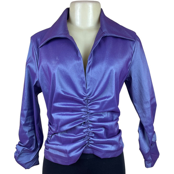 Tadashi Women's Purple Ruched Satin Long Sleeve Blouse Top Zip Back Size 10