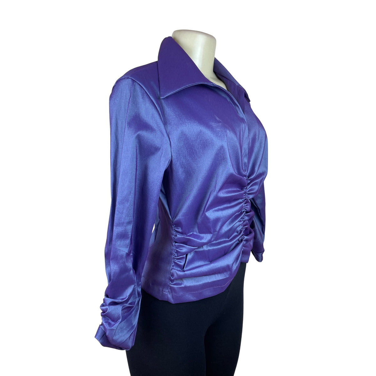 Tadashi Women's Purple Ruched Satin Long Sleeve Blouse Top Zip Back Size 10