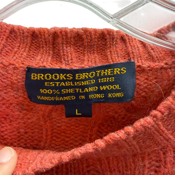 Brooks Brothers Mens Orange Cable Knit 100% Shetland Wool Sweater Handmade Size L