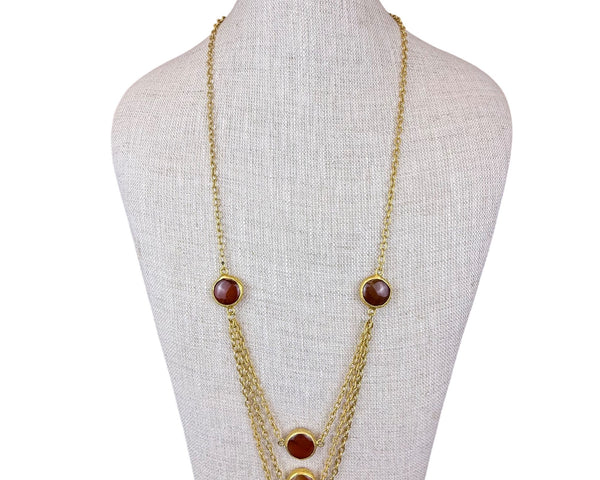 Three-Tiered Gold Tone Necklace With Amber Stone Accents 30 Inches Long Statement Jewelry