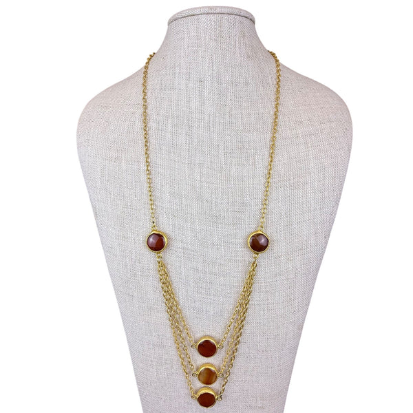 Three-Tiered Gold Tone Necklace With Amber Stone Accents 30 Inches Long Statement Jewelry