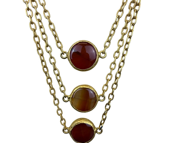 Three-Tiered Gold Tone Necklace With Amber Stone Accents 30 Inches Long Statement Jewelry