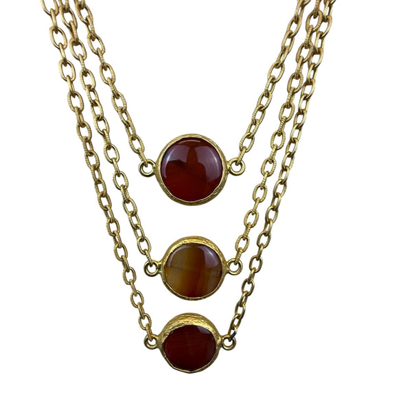 Three-Tiered Gold Tone Necklace With Amber Stone Accents 30 Inches Long Statement Jewelry
