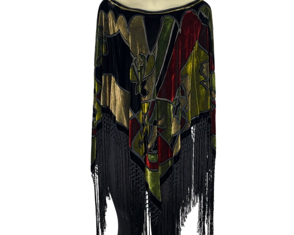 Velvet Poncho With Fringe Hem & Bold Abstract Multicolor Design One Size