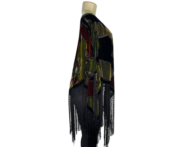 Velvet Poncho With Fringe Hem & Bold Abstract Multicolor Design One Size