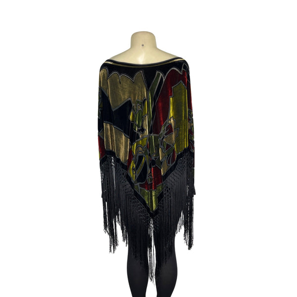 Velvet Poncho With Fringe Hem & Bold Abstract Multicolor Design One Size