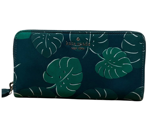 Kate Spade Women’s Blue & Green Leaf Print Zip Around Wallet Size S