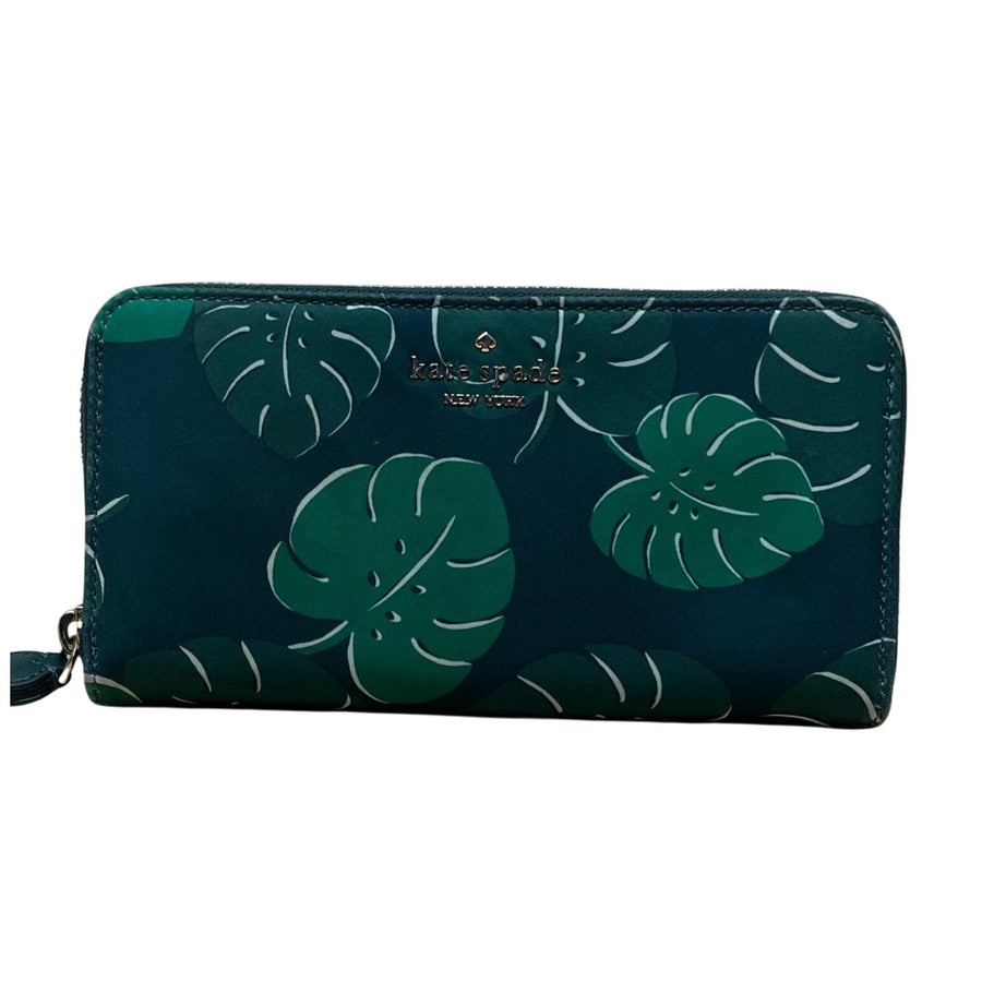 Kate Spade Women’s Blue & Green Leaf Print Zip Around Wallet Size S