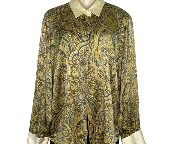 Tamotsu Women's Yellow Paisley Blouse With Satin Collar & Cuffs Sz 18W