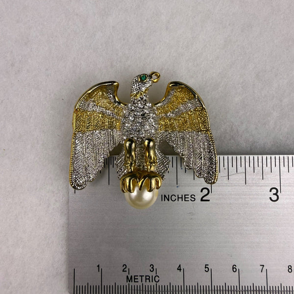 Gold & Silver Tone Crystal Bird Brooch Pin With Faux Pearl Accent Vintage