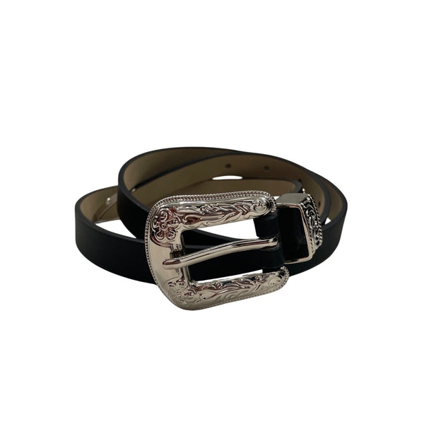 Black Synthetic Womens Belt With Silver Western Buckle Size S Adjustable