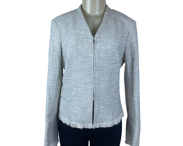 MM.Lafleur Womens Light Gray Tweed Fringe Jacket Open Front Long Sleeve Sz 10
