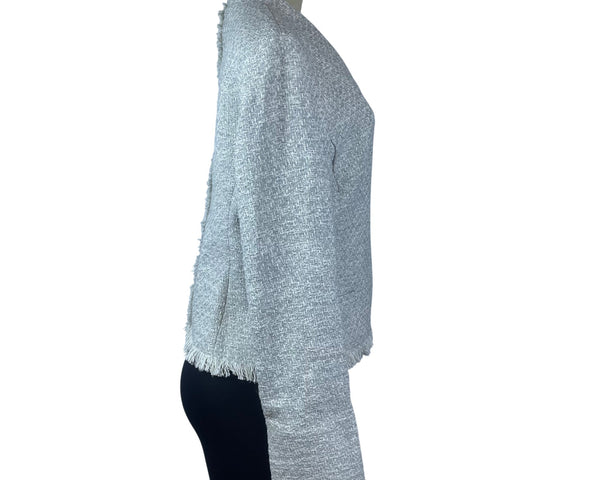 MM.Lafleur Womens Light Gray Tweed Fringe Jacket Open Front Long Sleeve Sz 10