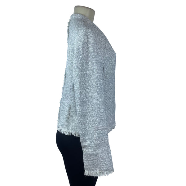 MM.Lafleur Womens Light Gray Tweed Fringe Jacket Open Front Long Sleeve Sz 10