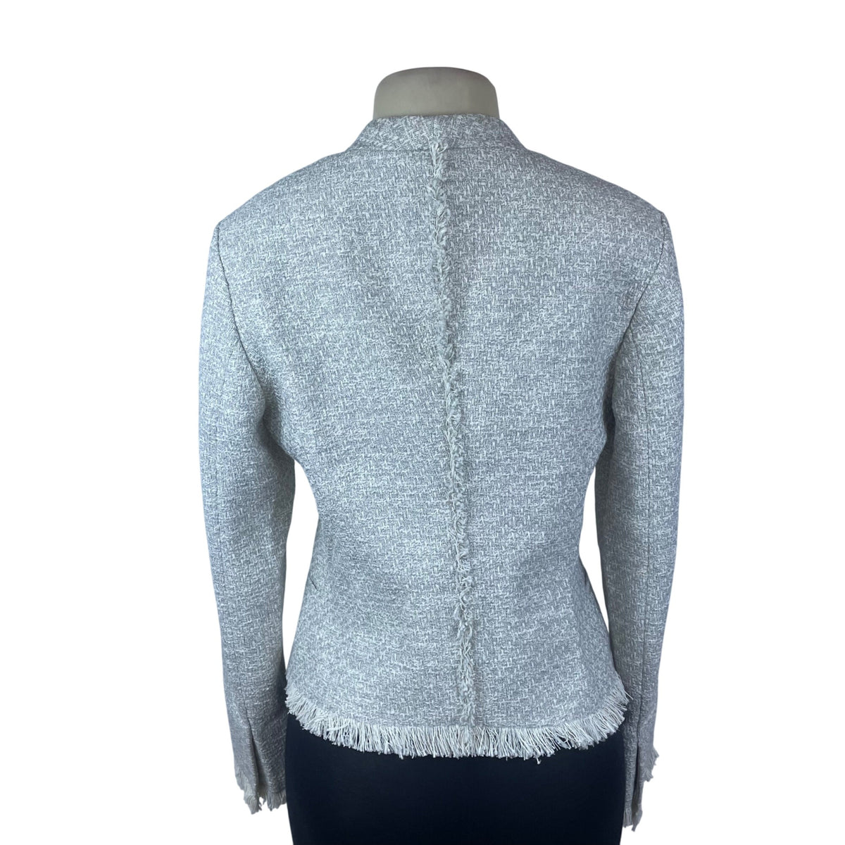 MM.Lafleur Womens Light Gray Tweed Fringe Jacket Open Front Long Sleeve Sz 10