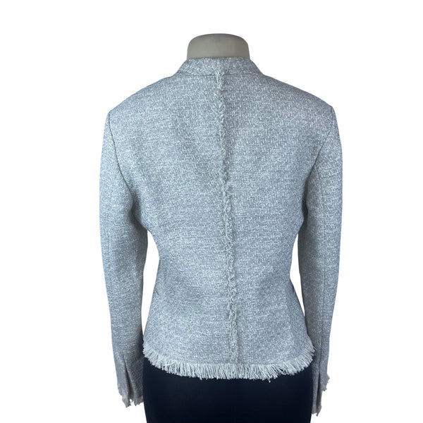 MM.Lafleur Womens Light Gray Tweed Fringe Jacket Open Front Long Sleeve Sz 10