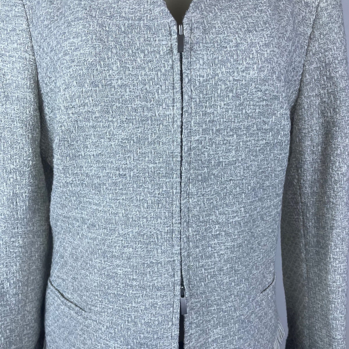 MM.Lafleur Womens Light Gray Tweed Fringe Jacket Open Front Long Sleeve Sz 10