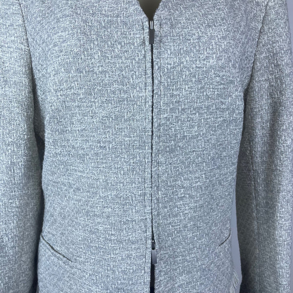 MM.Lafleur Womens Light Gray Tweed Fringe Jacket Open Front Long Sleeve Sz 10