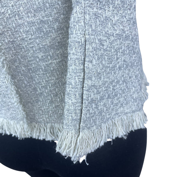 MM.Lafleur Womens Light Gray Tweed Fringe Jacket Open Front Long Sleeve Sz 10