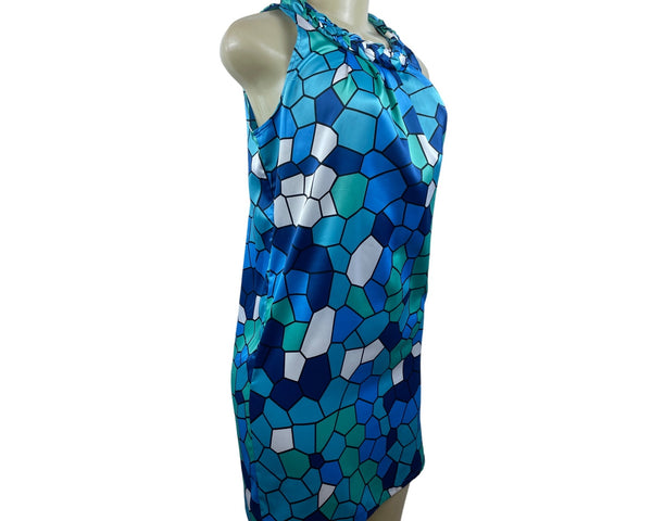 Tracy Negoshian Blue Shattered Glass Braided Neck Sleeveless Dress Sz XS - New