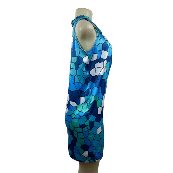 Tracy Negoshian Blue Shattered Glass Braided Neck Sleeveless Dress Sz XS - New