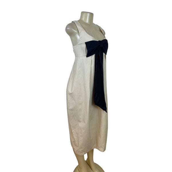 Maeve Womens Cream & Navy Midi Dress With Bow Detail Size S - New