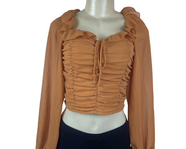 Idem Ditto Women’s Orange Polyester Ruched Long Sleeve Crop Top Size M