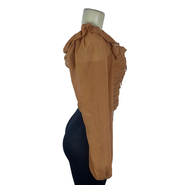 Idem Ditto Women’s Orange Polyester Ruched Long Sleeve Crop Top Size M