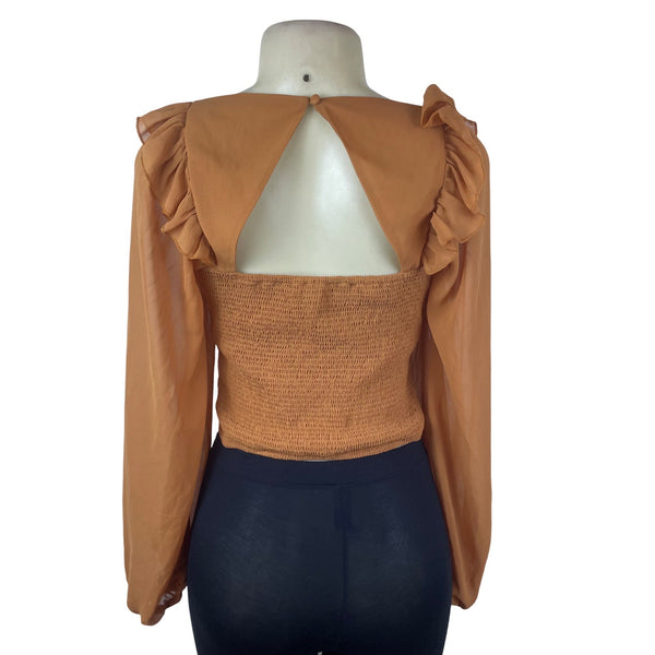 Idem Ditto Women’s Orange Polyester Ruched Long Sleeve Crop Top Size M